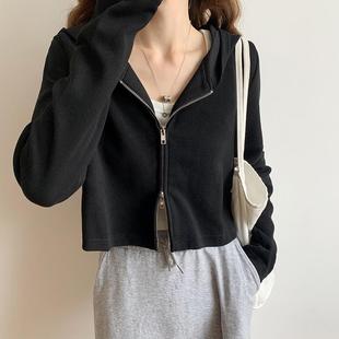 Tiktok popular wholesale autumn and winter Korean style hooded long-sleeved T-shirt women's short zipper loose design cardigan jacket