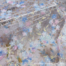 热销3D立体刺绣亮片花蕾丝网纱工艺面料舞台服装背景装饰网布材料