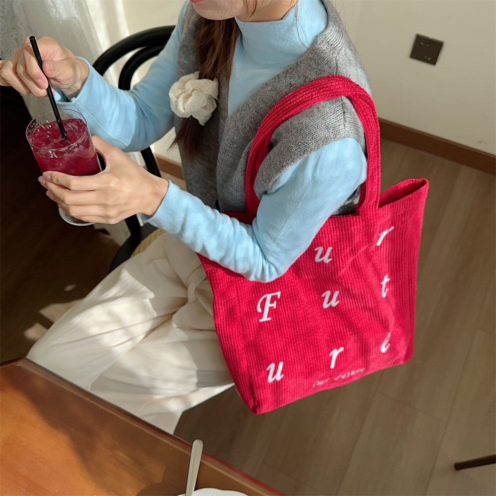 310262 embroidered letter future corduroy single-shoulder Maillard color hand-held canvas bag Women's tote bag undefined
