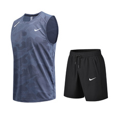 2024休闲运动男士夏季新款冰丝无袖背心短裤篮球服速干大码两件套