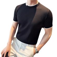 中年爸爸男装夏季亲肤男针织衫T恤轻熟纯色修身插肩袖圆领短体恤