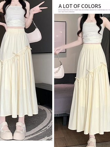 Designer Asymmetrical Bow White Women's Summer High-Waist Slimming Umbrella Skirt Elegant Medium Dress