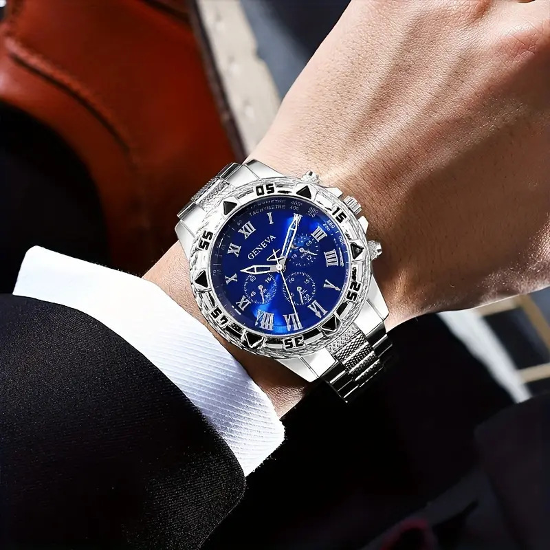 Cross-Border Hot-Selling Large Dial Men's Steel Band Watch, Fashionable Business Fake Three-Eye Digital Quartz Watch Wholesale Cross-Border Hot-Selling Large Dial Men's Steel Band Watch, Fashionable Business Fake Three-Eye Digital Quartz Watch Wholesale