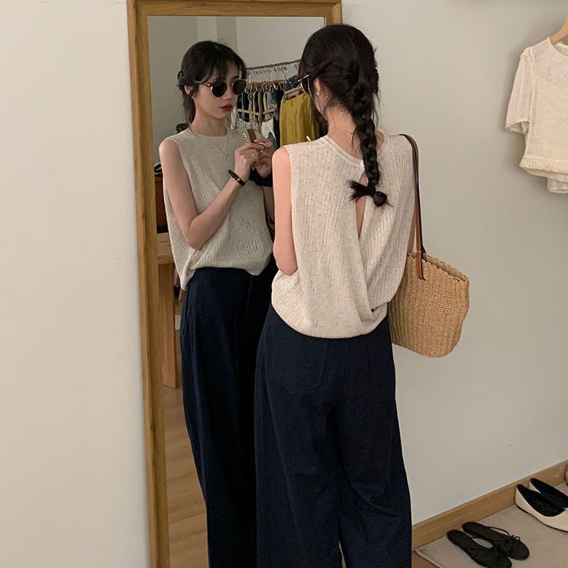 Ice Silk Apricot Cross Sweater Women's Summer Camisole Women's Design Backless Fashionable Slim Sleeveless Top