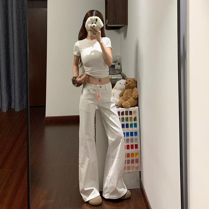 American-Style Summer White Low-Waist Jeans for Women, Slim-Fit Straight-Leg Flared Pants, Women's Slimming Denim Pants American-Style Summer White Low-Waist Jeans for Women, Slim-Fit Straight-Leg Flared Pants, Women's Slimming Denim Pants