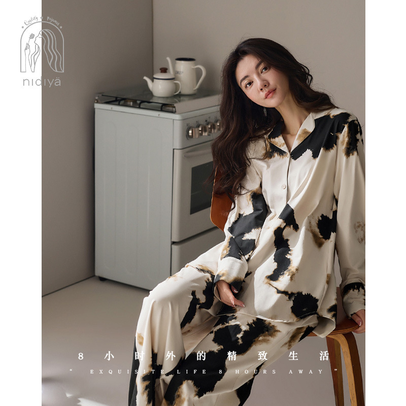 Nidiya Women's Pajamas Soft Cotton Long-Sleeve Cardigan Fashionable Wide-Leg Pants Comfortable Loose Spring and Autumn Loungewear Set Nidiya Women's Pajamas Soft Cotton Long-Sleeve Cardigan Fashionable Wide-Leg Pants Comfortable Loose Spring and Autumn Loungewear Set