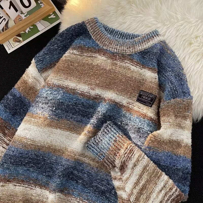 Lazy style trendy brand sweater men's autumn and winter Japanese style loose retro couple striped sweater bottoming underwear sweater