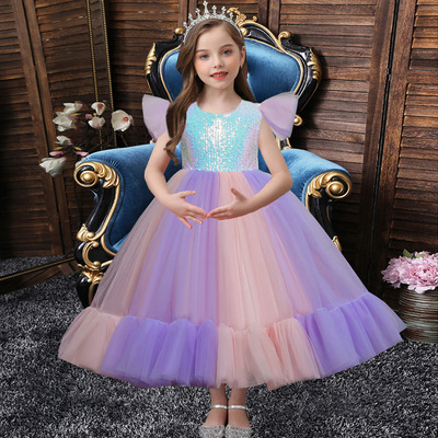 Light purple pink white sequined jazz dance princess Dress for girls birth day party celebration show dresses  children solo host singers stage performance ball gown dresses