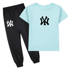 廠家直銷跨境外貿熱銷款童裝潮流時尚印花男女童短袖T恤+長褲套裝