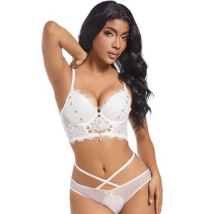 European and American Cross-border French Underwear Sexy Eyelashes Lace Edge Fashion Chain White Vest Bra suit Foreign Trade