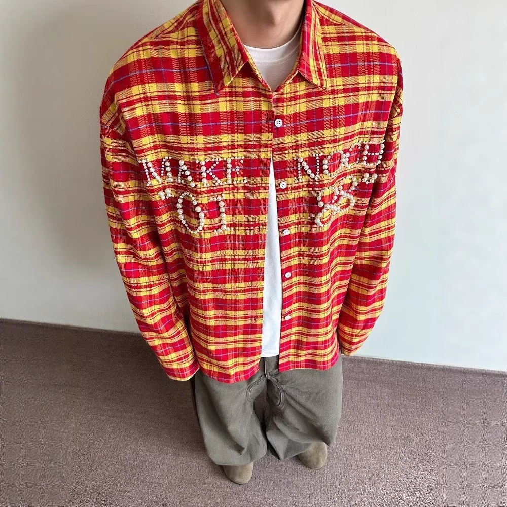 American Retro Pearl Letter Plaid Long-Sleeved Shirt Men's Spring and Summer New Design Handsome Casual Couple Jacket