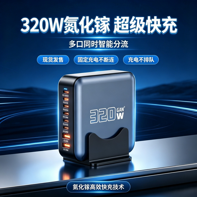 Cross-border 320W GaN aluminum alloy charger, high-power fast charging multi-port charger for laptops, tablets, and mobile phones