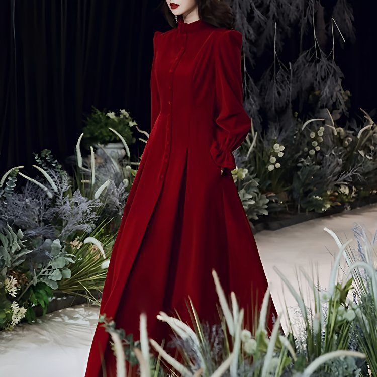 Red Dress for Petite Brides for Toasting, 2025 Autumn and Winter New Style, Long-Sleeved Elegant Wedding Dress