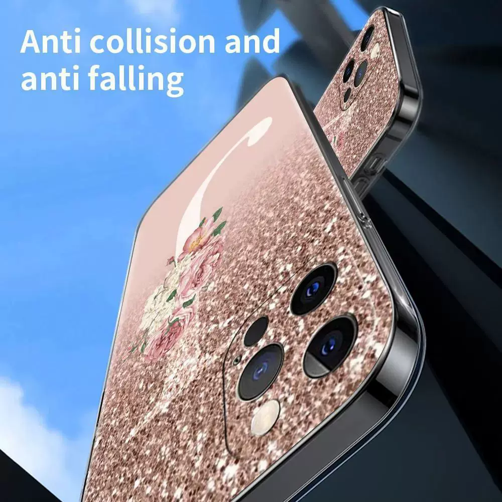 Apple, совместимый фуксийный блестящий чехол для телефона с надписями, черный защитный чехол, iPhone, цветущий