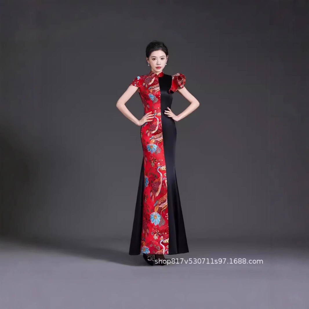 2025新款走秀旗袍高端鱼尾改良版连衣裙复古立领中年合唱团演出服