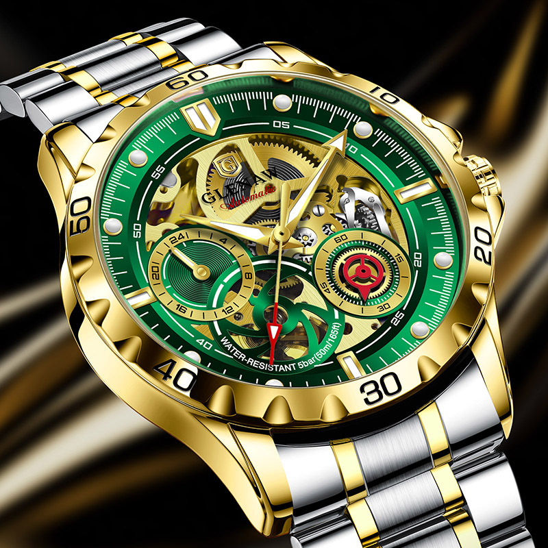 Đồng hồ nam automatic skeleton lộ máy hai mặt kính phát quang dây thép không gỉ 8720
