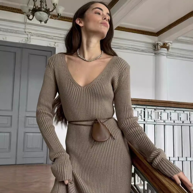 Cross-Border Autumn and Winter Ribbed Slim-Fit Long-Sleeve Knit Dress for Women, V-Neck French-Style Sexy Dress, Long-Sleeve Base Sweater Dress