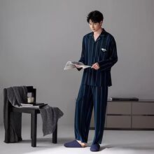 睡衣男士春秋季高级感长袖长裤方领条纹纯棉开衫可外穿家居服套装