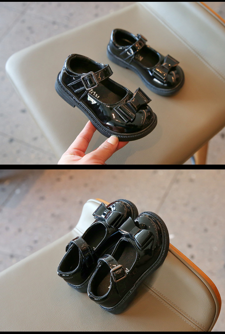 Chaussures de princesse en cuir brillant avec nœud Sho pour enfants, nouveau Style coréen, chaussures de Performance à semelle souple à la mode pour petites filles, printemps et automne 2024_voghion.com