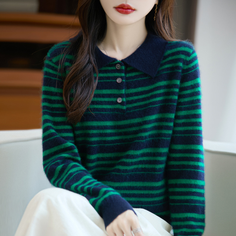 秋冬新款翻领100%羊毛衫女半开襟条纹针织打底上衣学院风宽松毛衣|undefined