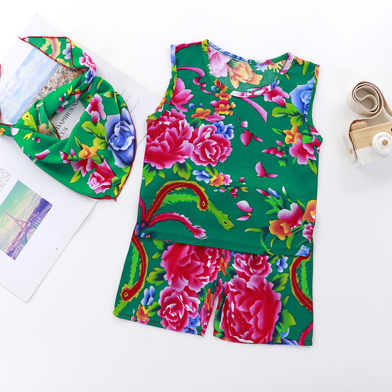 Green peony vest suit + headscarf