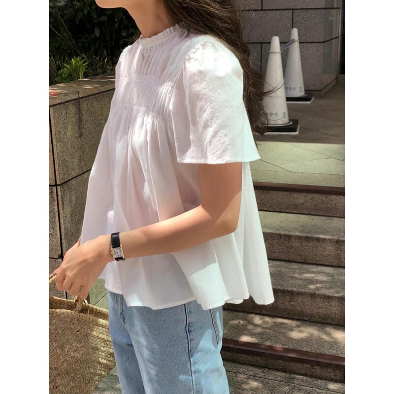 South Korea ins2025 Summer New Sweet Age-reducing Lace Collar Pleated Loose Doll Shirt Women's Top