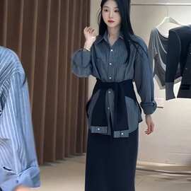 大码秋季韩系洋气时尚显瘦三件套半身裙披肩衬衫套装女胖斤