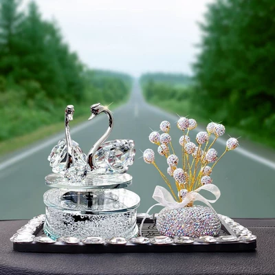Car ornaments Cute Car Interior Decoration Supplies - solar-rotating-white-swan-white-diamond-gypsophila-large-diamond-square