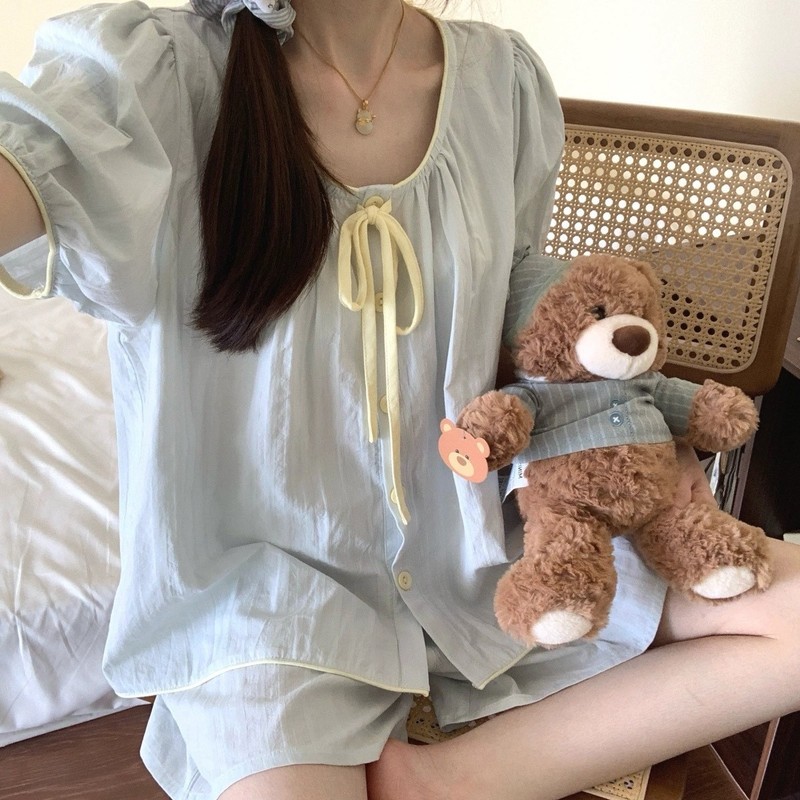 女性のためのパジャマ夏クラウドコットン 2025 新しいスタイル甘くてかわいい韓国スタイルの半袖ショーツホームウェアセット胸パッド付き|undefined