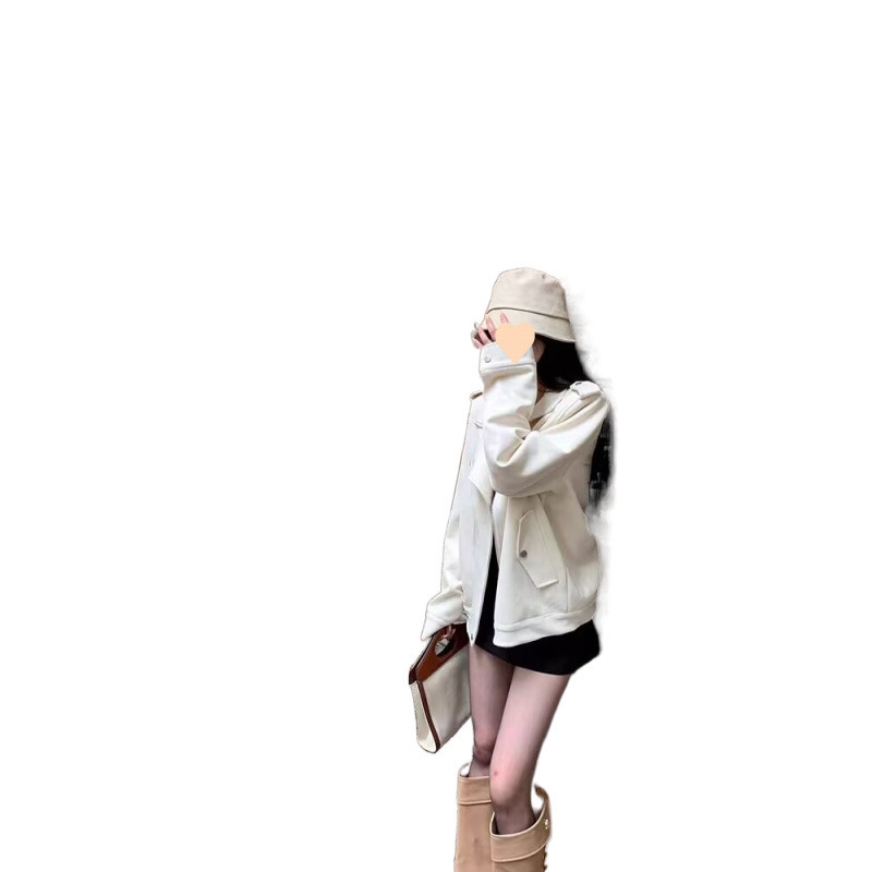 小姐姐白巧恋人仿麂皮外套女春秋米白色设计感机车风宽松夹克|undefined