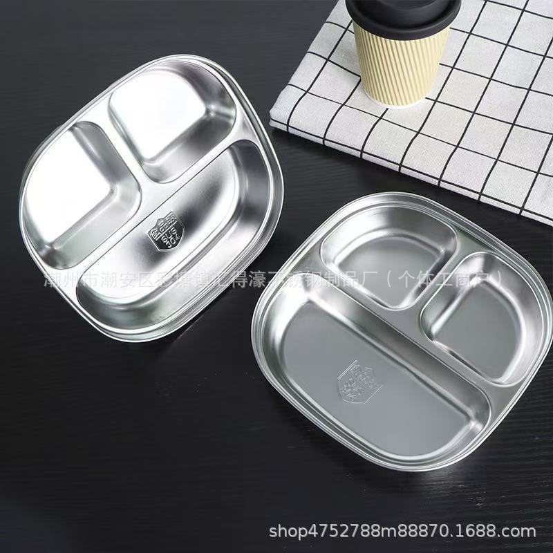 304 Food Grade Stainless Steel Dinner Plate with Lid for Adult Three-compartment Staff Meal Box for School Students Fast Food Plate