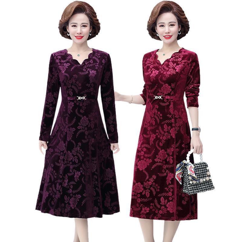 Middle-Aged Mother's New Autum Velvet Cheongsam Dress for Mother-In-Law, Middle-Aged and Elderly Women's Spring and Autum Casual Skirt