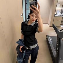韩系学院风慵懒格纹拼接polo领撞色短袖T恤女夏季气质显瘦上衣女