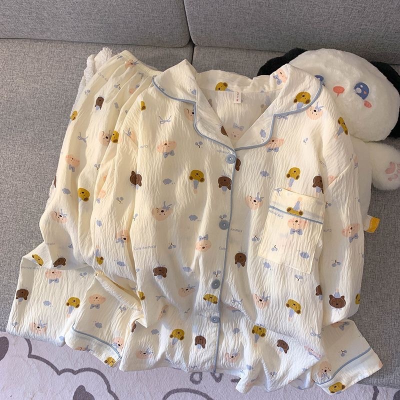 Pajamas for Women Spring and Autum New Cloud Cotton Collection Long-Sleeved Pants Lapel Cute Cartoon Girl Sweet Home Clothes