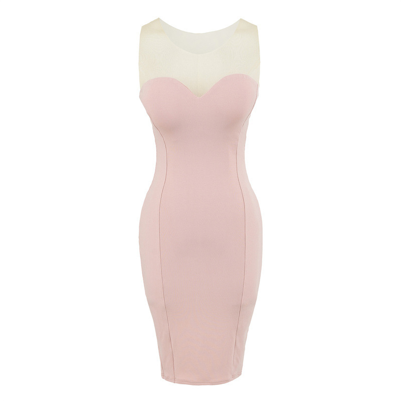 Sexy mesh patchwork see-through sleeveless tank dress for women, with a slim fit at the chest, bodycon design, and a back slit short skirt for summer
