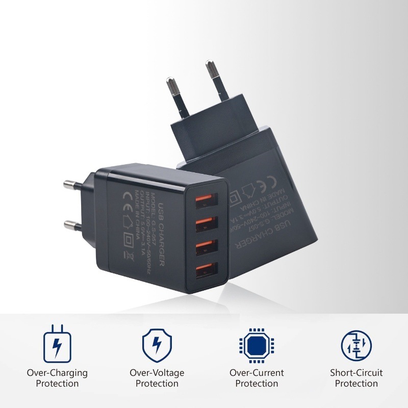 3.1A cabezal de carga rápida de cuatro puertos, enchufe adaptador de teléfono móvil universal 4USB inteligente estándar europeo, cabezal de cargador estándar europeo de varios puertos