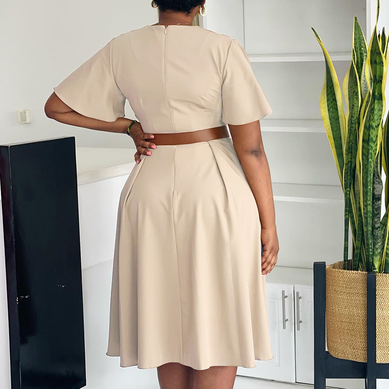 Plus Size Women's Clothing V Neck Dress Elegant Solid Color Flared Sleeve Casual Fashion American Style_ecoleips.com