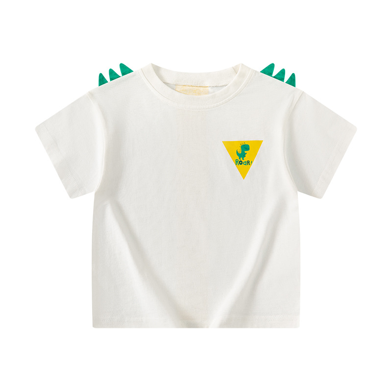 Betop ropa infantil transfronteriza al por mayor verano nuevo estilo niños camiseta de manga corta dibujos animados dinosaurio estampado delantero y trasero manga de hombro caído