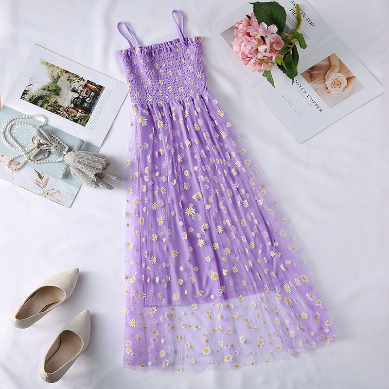 Mesh High-Waisted Daisy Strap Dress, Fresh and Artistic Vintage Sweet First Love Dress, Sleeveless Fairy Dress