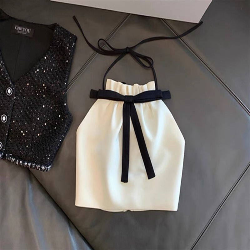Girls' Summer New Korean Style Bow-Knot Camisole Vest, Sweet Style Halter Neck Chanel Style Camisole Top