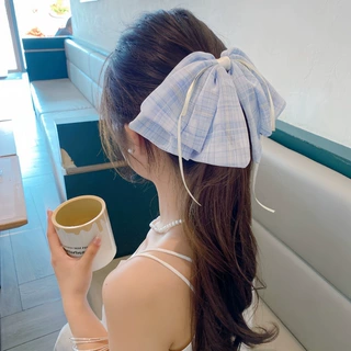 新蝴蝶结格子抓夹发夹女高级感发卡2026新款后脑勺盘发气质马尾抓
