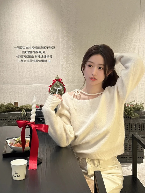 粉色毛衣女春秋新款韩系气质时尚圆领系带设计宽松慵懒软糯针织衫|undefined