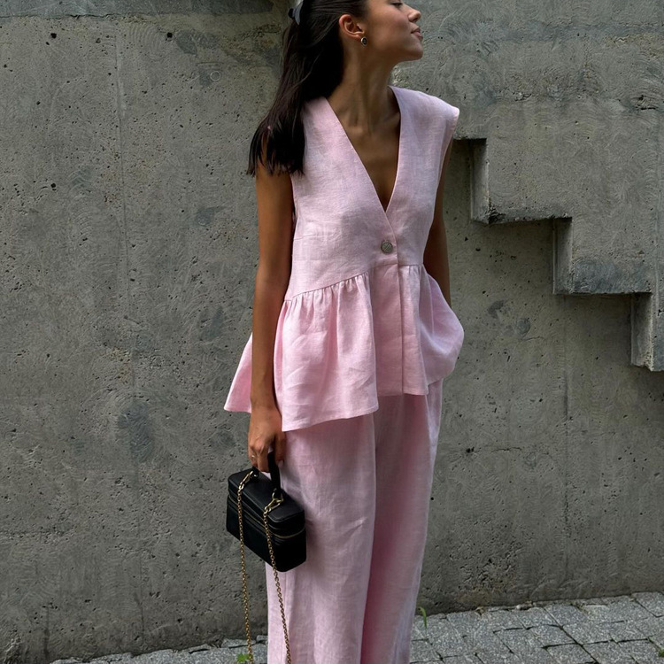 2025 Cotton V-neck Sleeveless Top Vest Pants suit Women's European and American New Solid Color Elegant Commuter Two-piece Set