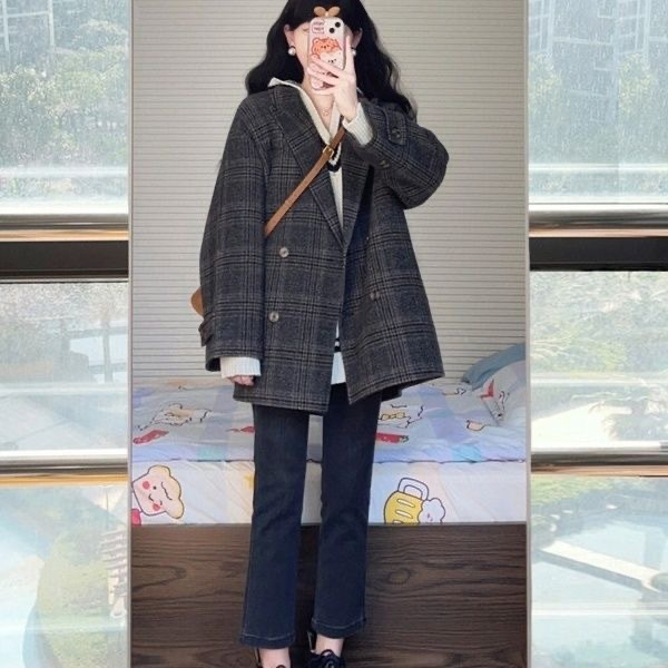 韩系大衣小香风盐系轻熟风格子毛呢外套高级感慵懒韩风衣中长款衣|undefined