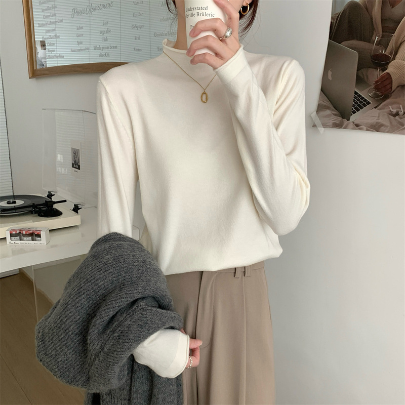 韩版基础款圆领卷边针织衫打底女早秋慵懒风毛衣长袖软糯内搭上衣|undefined