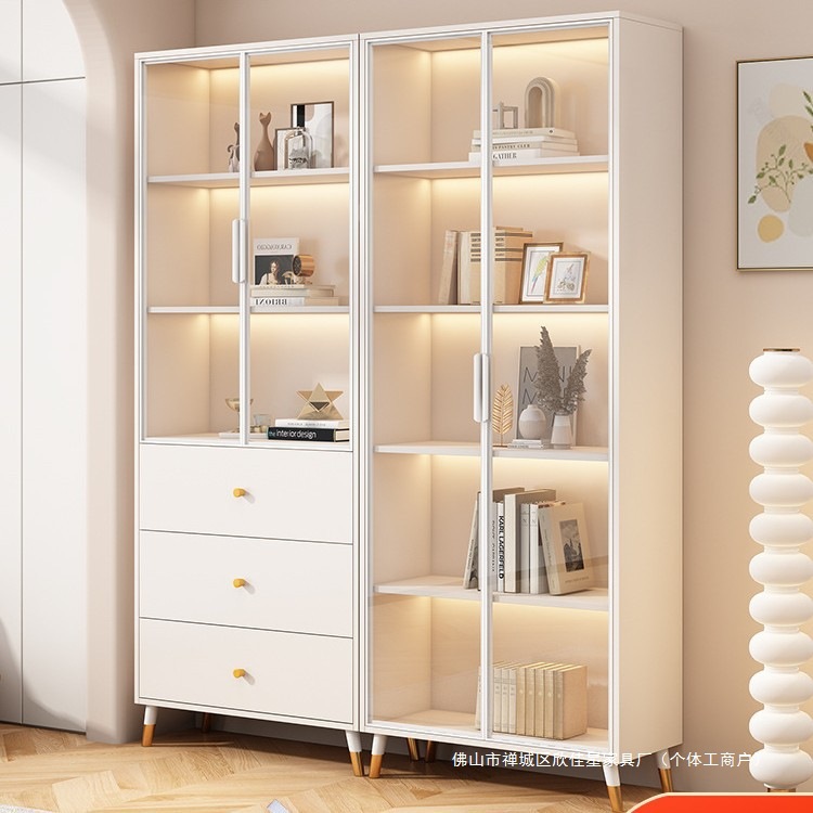 Cream Style Bookcase with Glass Door Display Cabinet Light Luxury High-End Home Living Room Bookshelf Dust-Proof Hand-Made Wine Cabinet Commercial