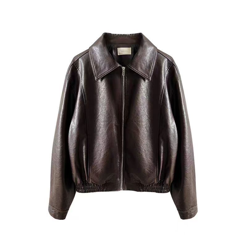 Korean Dongdaemun Leather Jacket for Women 2026 Autumn and Winter New Short Retro Loose Slimming Biker Pu Jacket