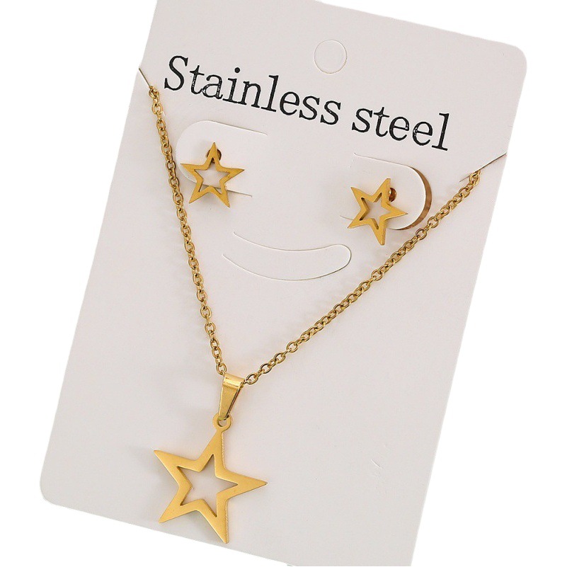 Factory wholesale European and American best selling stainless steel gold earrings necklace set five-pointed star ECG pendant clavicle chain