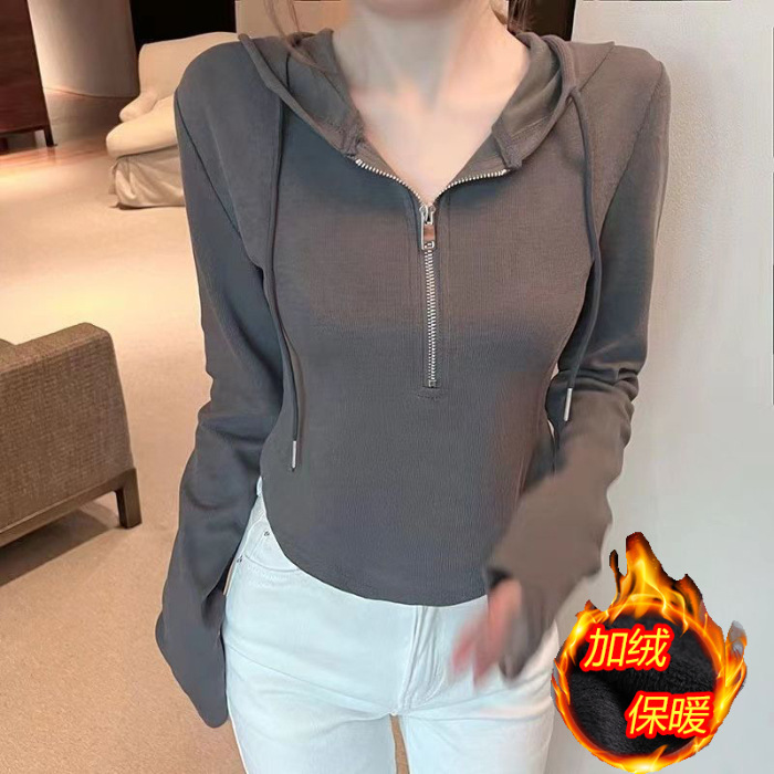 连帽卫衣女长袖t恤2025秋冬季新款大码胖mm设计感小众半拉链上衣|undefined