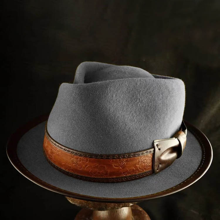 Cappello con rifiniture in pelle molto venduto, cappello a cilindro alla moda in pura lana_voghion.com